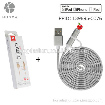 High Quality 2 in 1 Cellphones Nylon Waved C48 Connector MFI Cable as Original